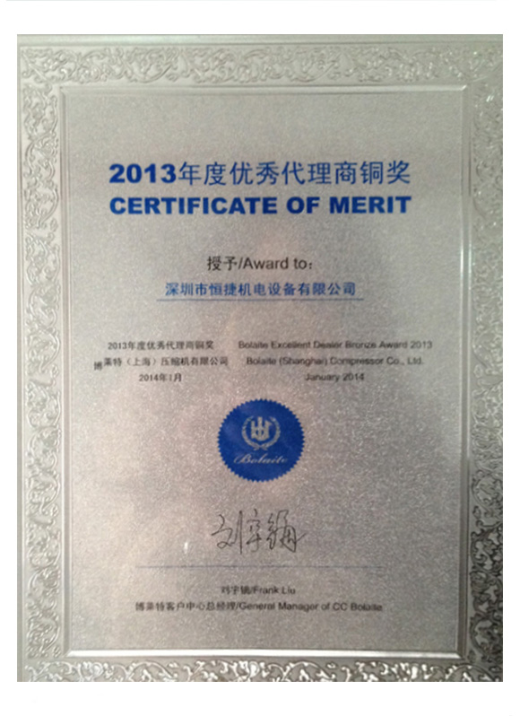 BLT2013年博萊特優(yōu)秀代理商銅獎